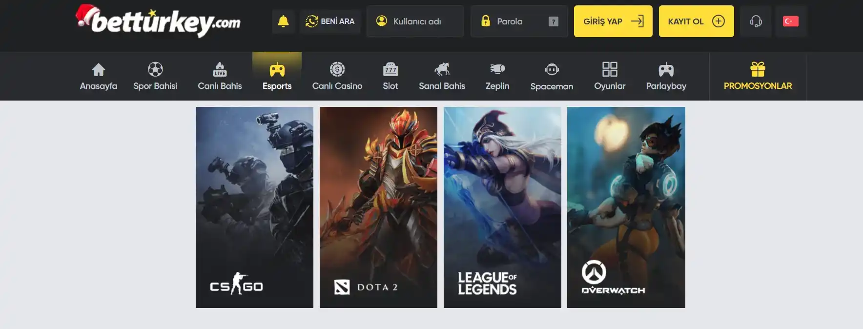 esports oyunları: CS:GO, Dota 2, League of Legends, Overwatch.